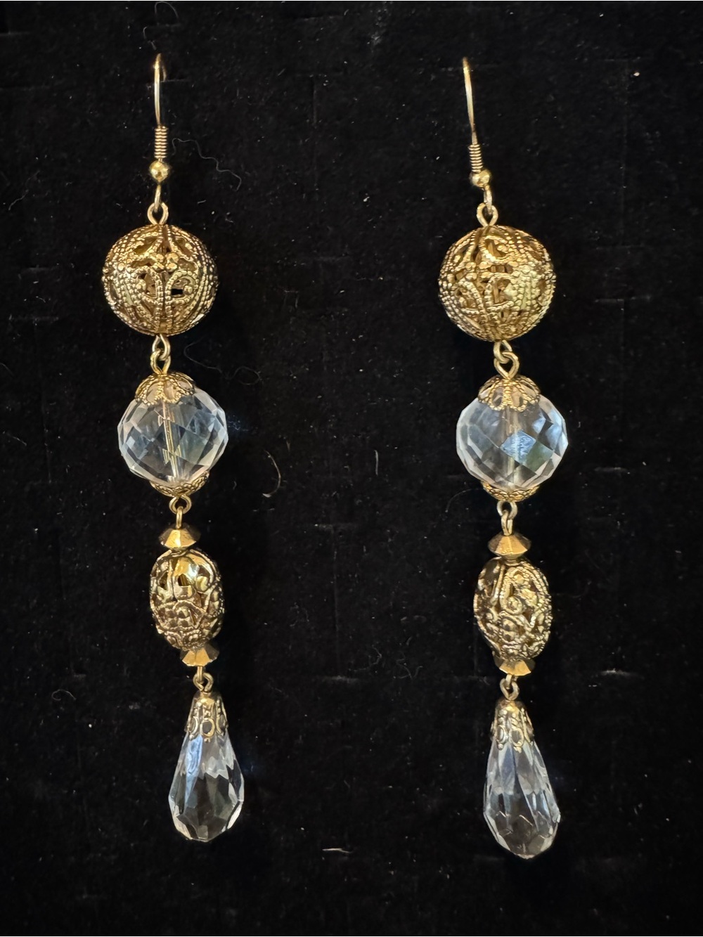 Vintage Style Gold Tone Filigree Clear Faceted Bead Long Dangle Earrings